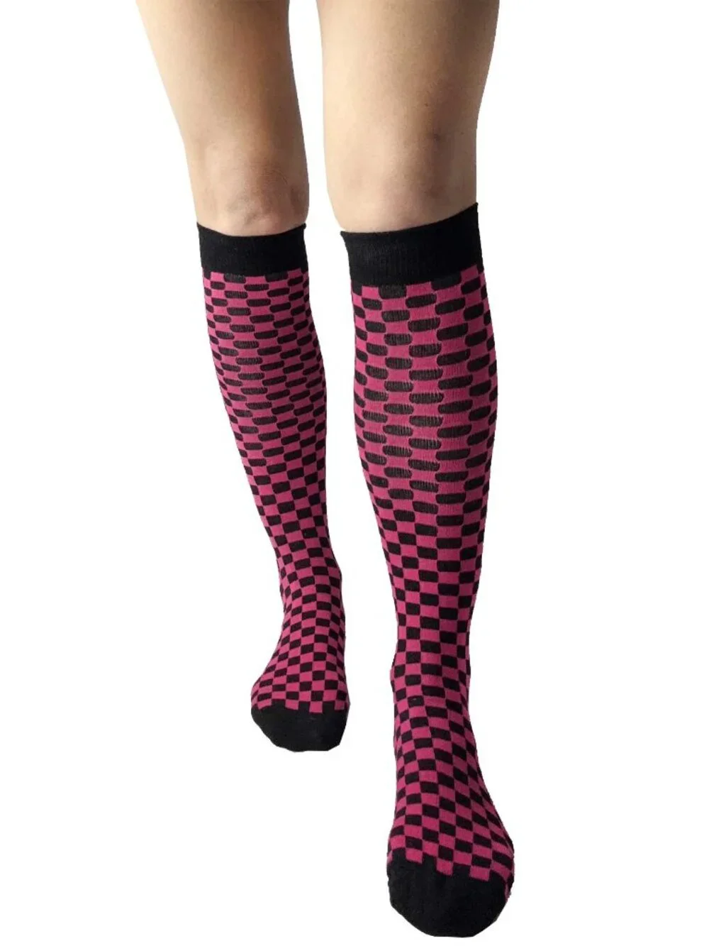 Fuchsia & Black Checkerboard Knee-High Socks